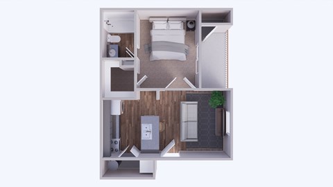 A top-down view of a small apartment with a bed, a desk, a chair, and a kitchenette.